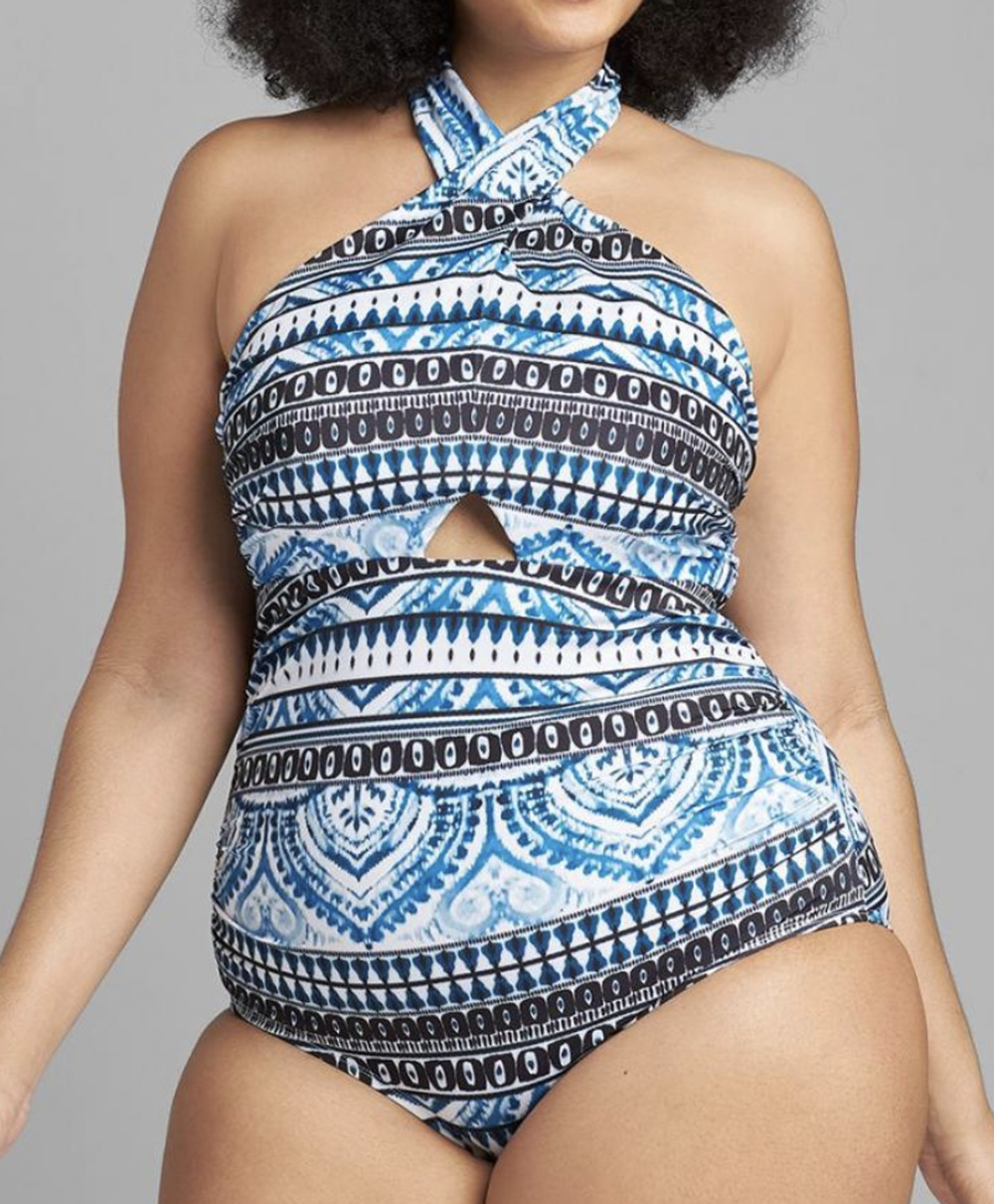 CACIQUE LANE BRYANT GLOBAL BATIK TIE NECK CUTOUT NO WIRE ONE PIECE SWIMSUIT 18